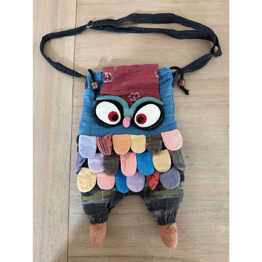 Handmade Patchwork Owl Crossbody Bag Blue Boho Eclectic Festival Purse